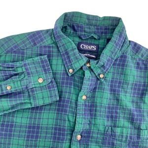 Chaps Button Up Shirt Men XL Green Blue Plaid Brushed Flannel Cabincore Gorpcore